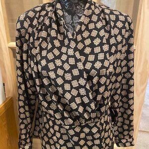 Vintage Evan Picone Petites, Black/Tan Wrap Blouse, 6